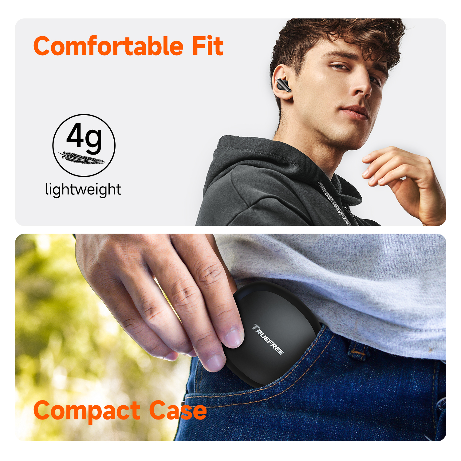 Auriculares inalámbricos Truefree T2, auriculares Bluetooth 5.3 con 4 micrófonos con cancelación de ruido para iOS/Android/portátil, juegos/graves profundos, tiempo de reproducción de 23 horas, múltiples almohadillas (S/M/L)