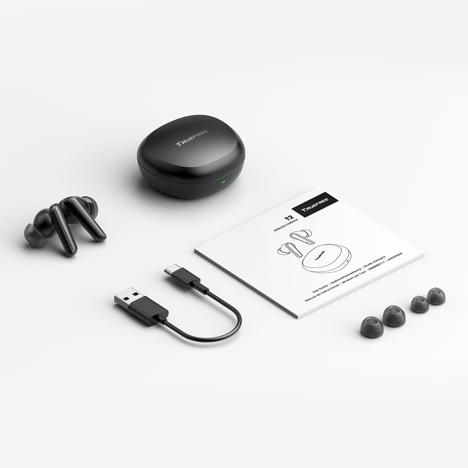 Auriculares inalámbricos Truefree T2, auriculares Bluetooth 5.3 con 4 micrófonos con cancelación de ruido para iOS/Android/portátil, juegos/graves profundos, tiempo de reproducción de 23 horas, múltiples almohadillas (S/M/L)