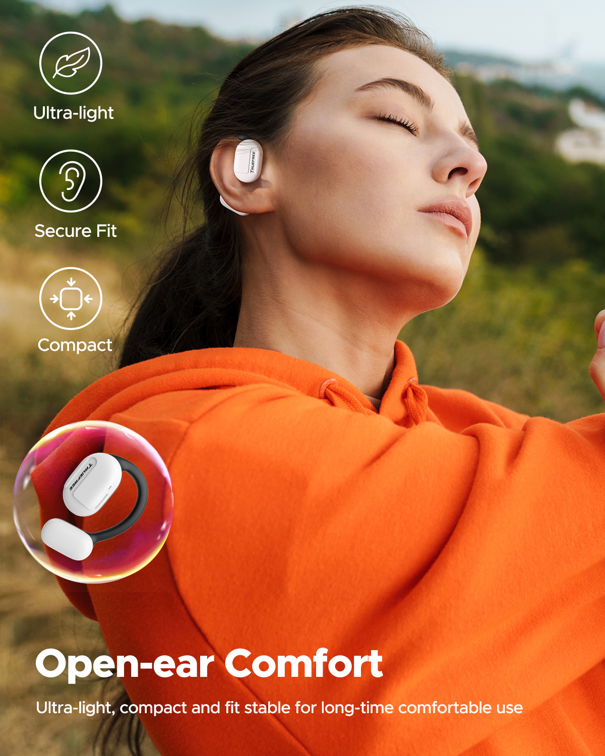 Audífonos Truefree O1 de oído abierto, Bluetooth 5.3 con ganchos para la oreja, conducción de aire sobre la oreja para deportes, 4 micrófonos para llamadas claras, 45 horas de reproducción, bajos mejorados de 16.2 mm, control de aplicaciones - Blanco