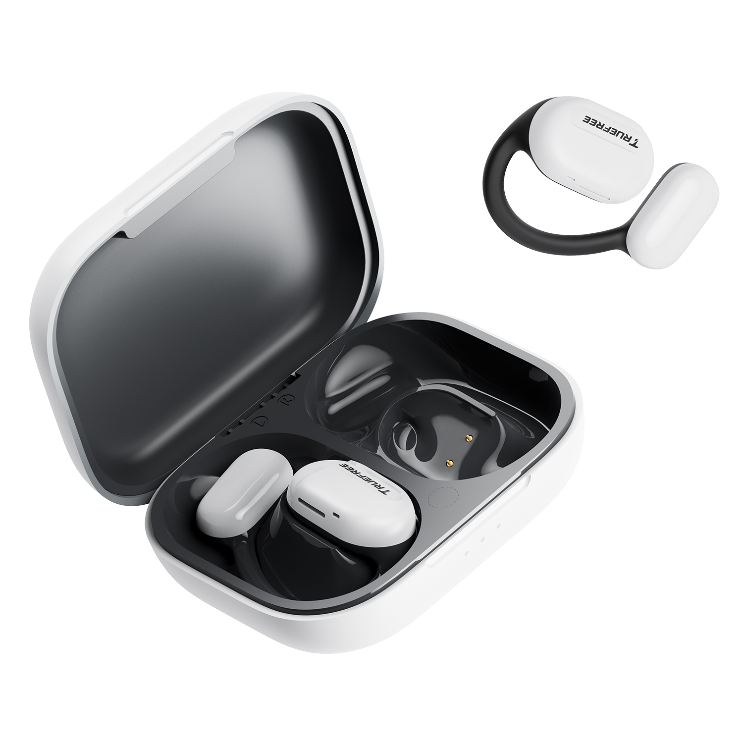 Audífonos Truefree O1 de oído abierto, Bluetooth 5.3 con ganchos para la oreja, conducción de aire sobre la oreja para deportes, 4 micrófonos para llamadas claras, 45 horas de reproducción, bajos mejorados de 16.2 mm, control de aplicaciones - Blanco