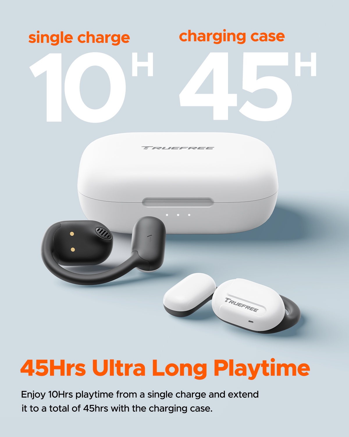 Audífonos Truefree O1 de oído abierto, Bluetooth 5.3 con ganchos para la oreja, conducción de aire sobre la oreja para deportes, 4 micrófonos para llamadas claras, 45 horas de reproducción, bajos mejorados de 16.2 mm, control de aplicaciones - Blanco