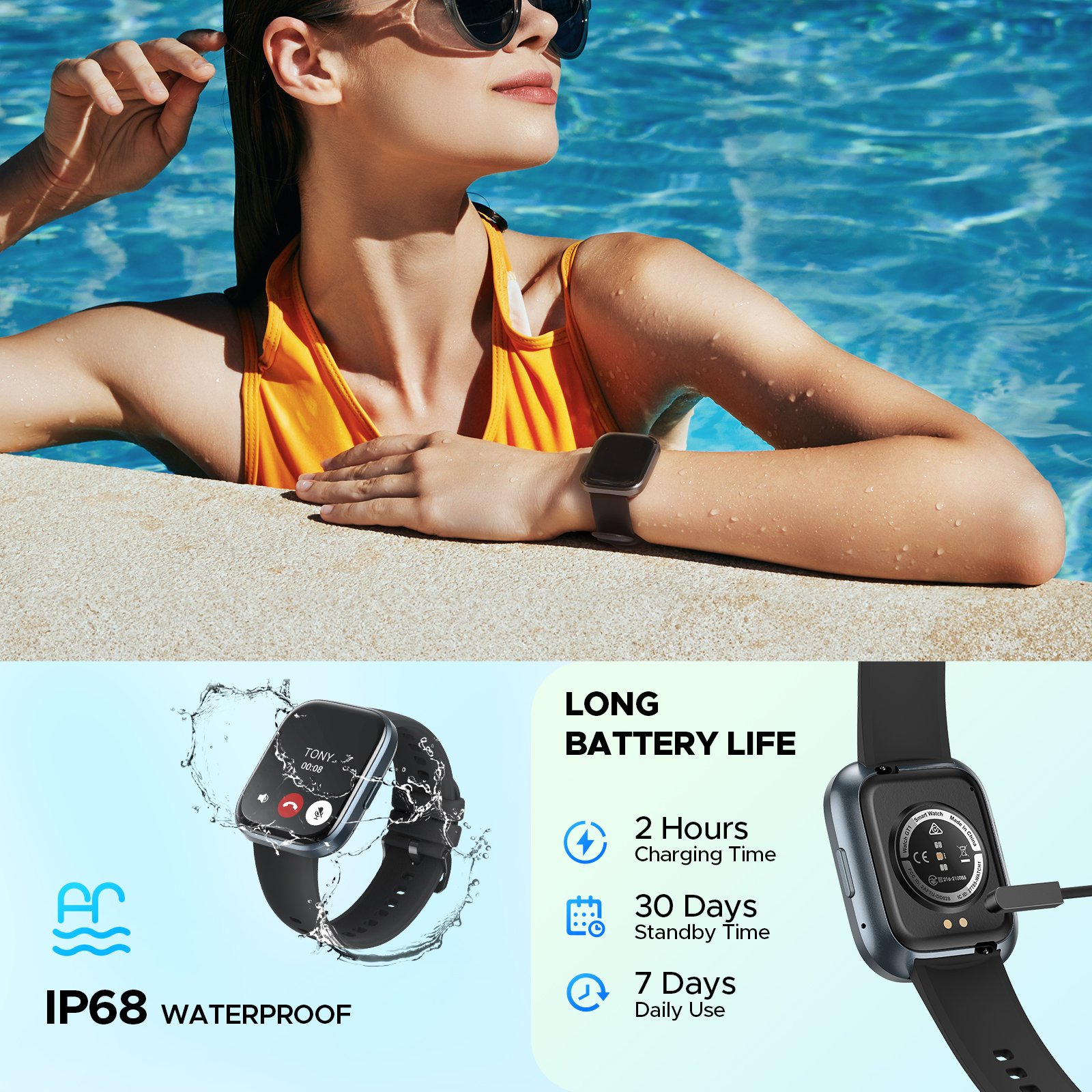 Reloj inteligente Truefree GT1: pantalla táctil completa de 1,96", frecuencia cardíaca, monitor de sueño, resistencia al agua IP68, 24 modos deportivos, podómetro, compatible con Android/iOS.