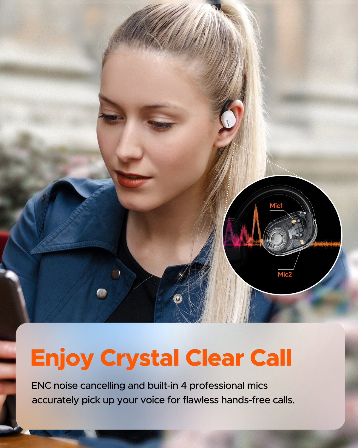 Audífonos Truefree O1 de oído abierto, Bluetooth 5.3 con ganchos para la oreja, conducción de aire sobre la oreja para deportes, 4 micrófonos para llamadas claras, 45 horas de reproducción, bajos mejorados de 16.2 mm, control de aplicaciones - Blanco