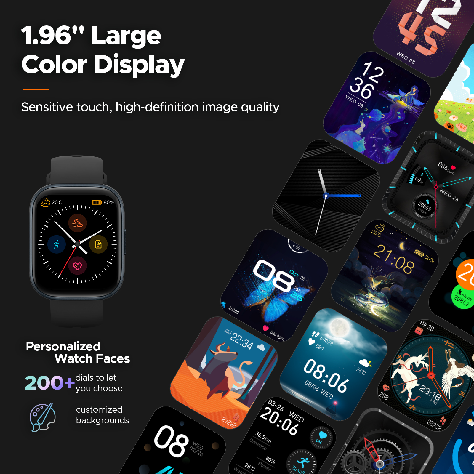 Reloj inteligente Truefree GT1: pantalla táctil completa de 1,96", frecuencia cardíaca, monitor de sueño, resistencia al agua IP68, 24 modos deportivos, podómetro, compatible con Android/iOS.