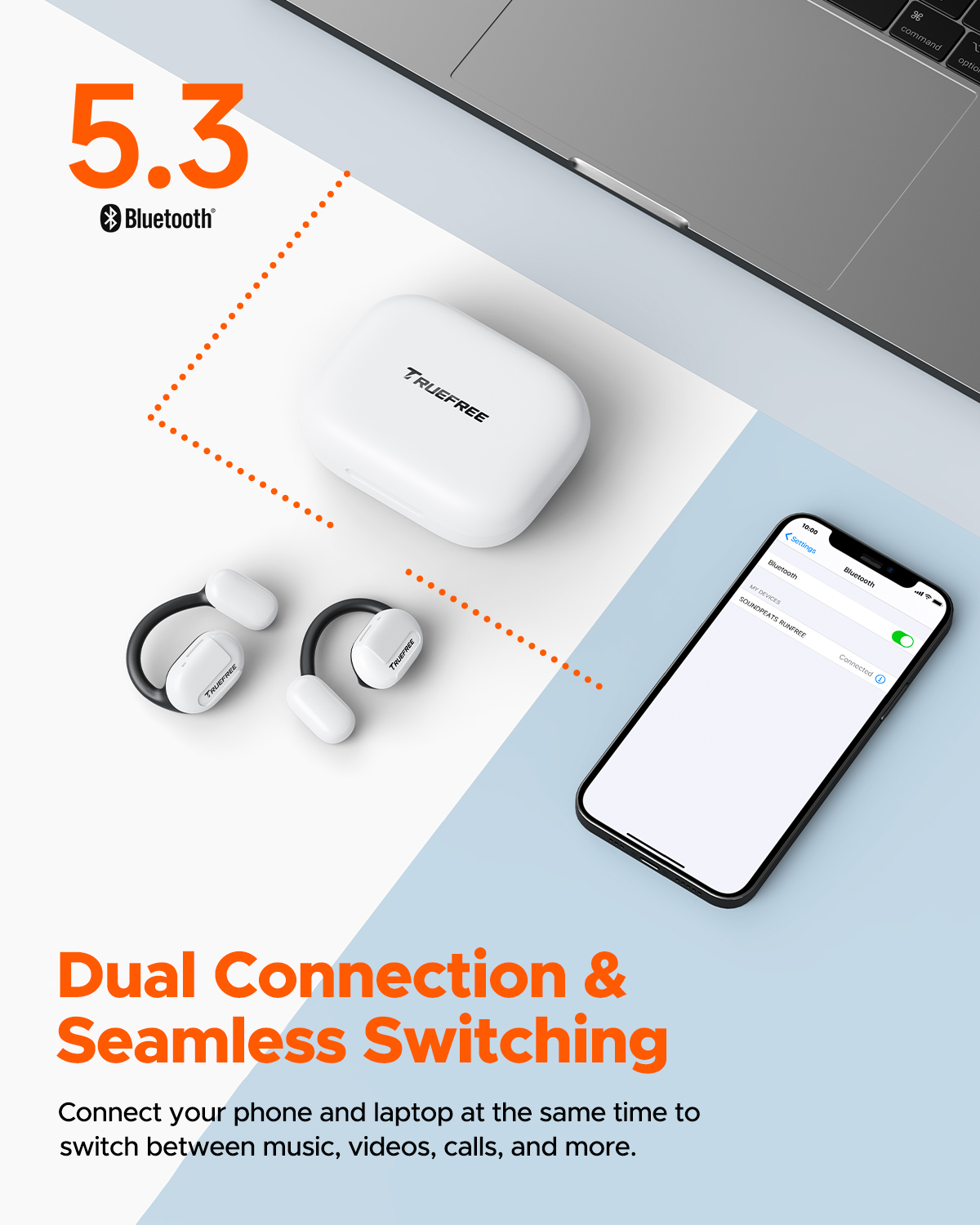 Audífonos Truefree O1 de oído abierto, Bluetooth 5.3 con ganchos para la oreja, conducción de aire sobre la oreja para deportes, 4 micrófonos para llamadas claras, 45 horas de reproducción, bajos mejorados de 16.2 mm, control de aplicaciones - Blanco