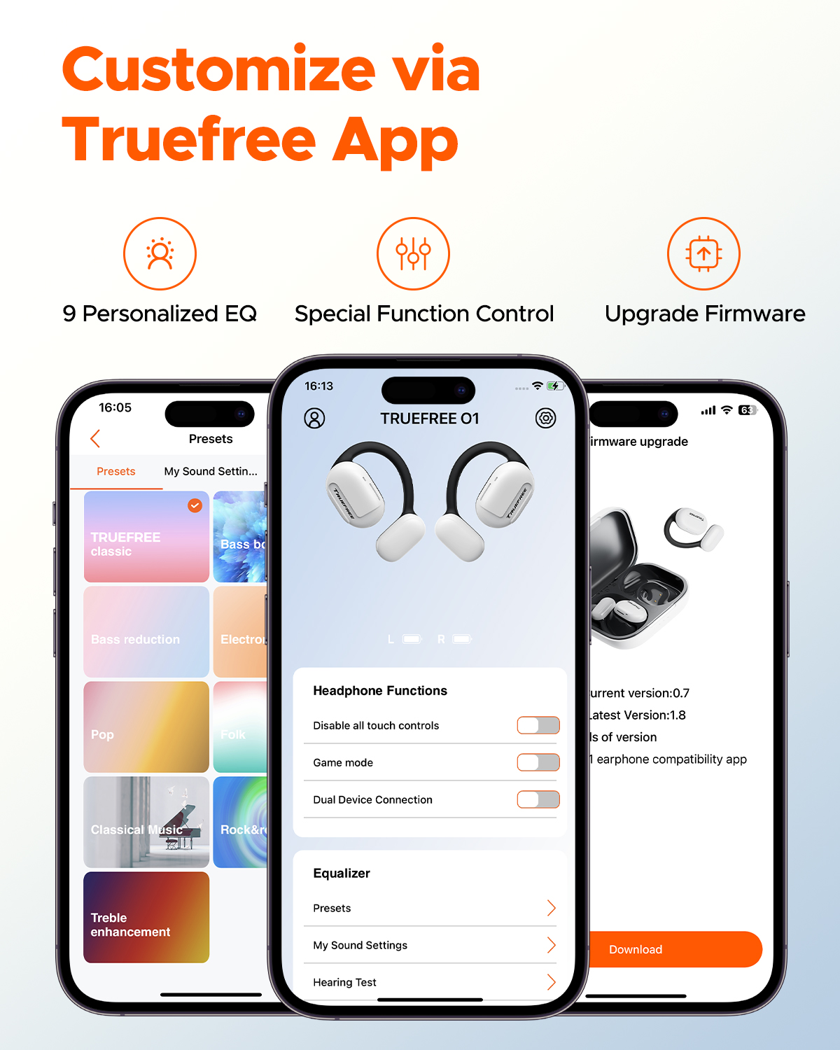 Audífonos Truefree O1 de oído abierto, Bluetooth 5.3 con ganchos para la oreja, conducción de aire sobre la oreja para deportes, 4 micrófonos para llamadas claras, 45 horas de reproducción, bajos mejorados de 16.2 mm, control de aplicaciones - Blanco