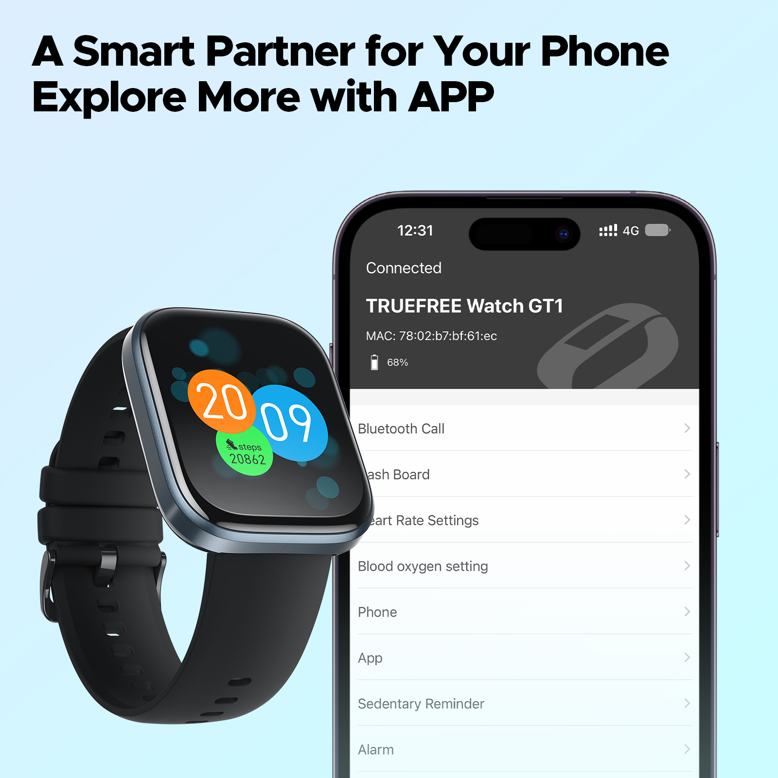 Reloj inteligente Truefree GT1: pantalla táctil completa de 1,96", frecuencia cardíaca, monitor de sueño, resistencia al agua IP68, 24 modos deportivos, podómetro, compatible con Android/iOS.
