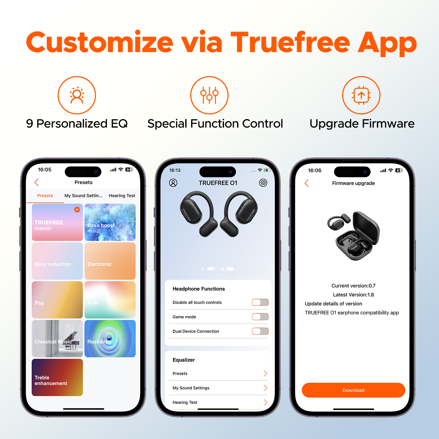 Auriculares abiertos Truefree O1, Bluetooth 5.3, ganchos para oreja, 4 micrófonos, 45h de reproducción, graves mejorados, control por app, negro