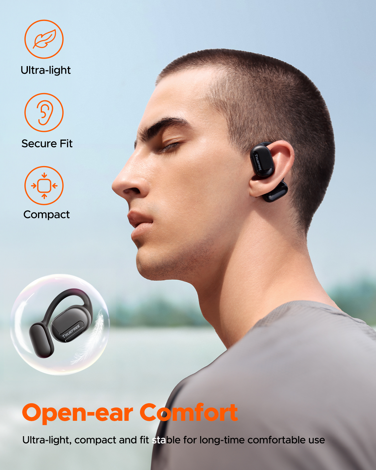 Auriculares abiertos Truefree O1, Bluetooth 5.3, ganchos para oreja, 4 micrófonos, 45h de reproducción, graves mejorados, control por app, negro