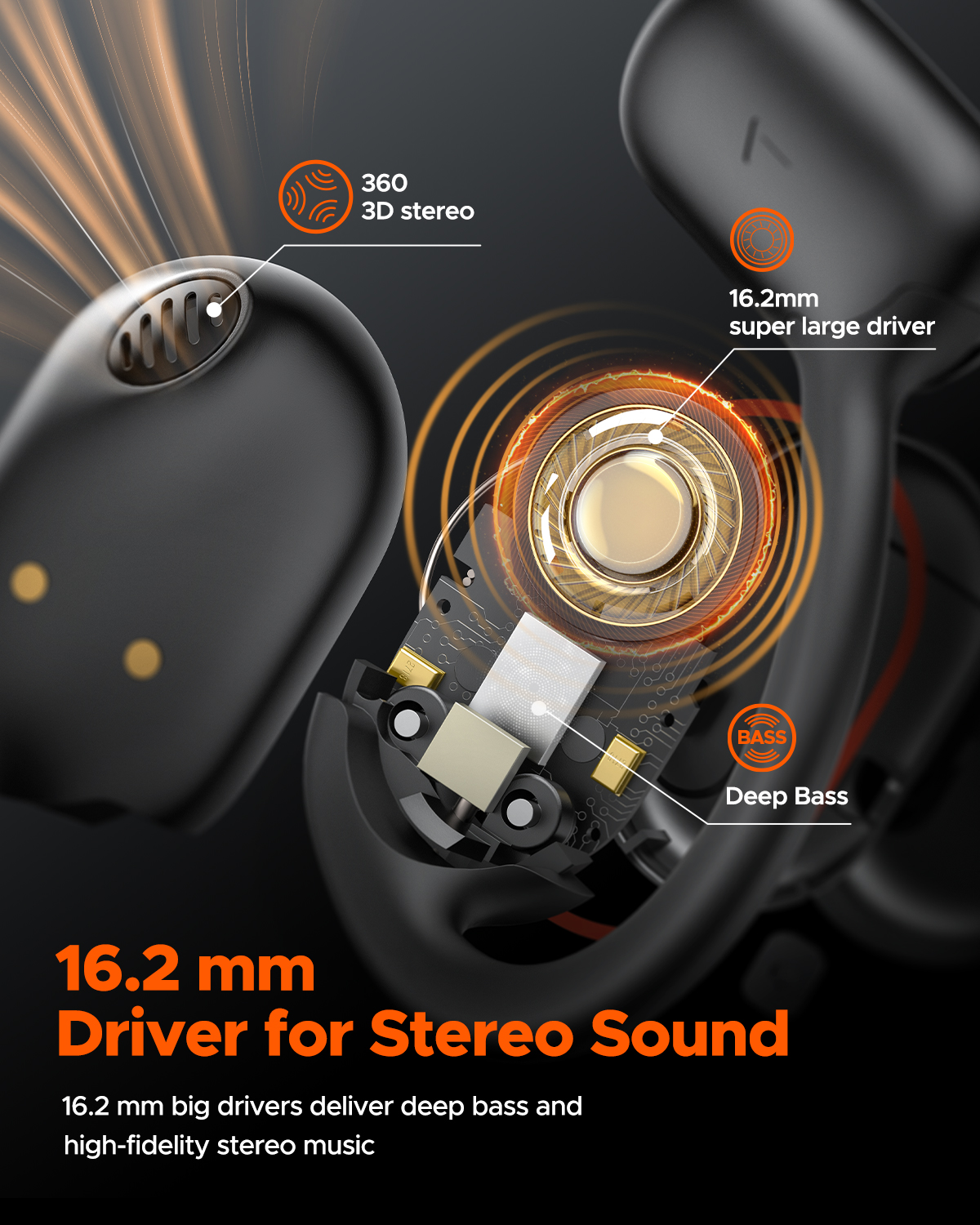 Auriculares abiertos Truefree O1, Bluetooth 5.3, ganchos para oreja, 4 micrófonos, 45h de reproducción, graves mejorados, control por app, negro