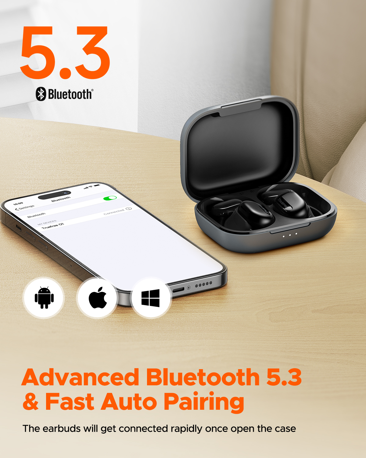 Auriculares abiertos Truefree O1, Bluetooth 5.3, ganchos para oreja, 4 micrófonos, 45h de reproducción, graves mejorados, control por app, negro