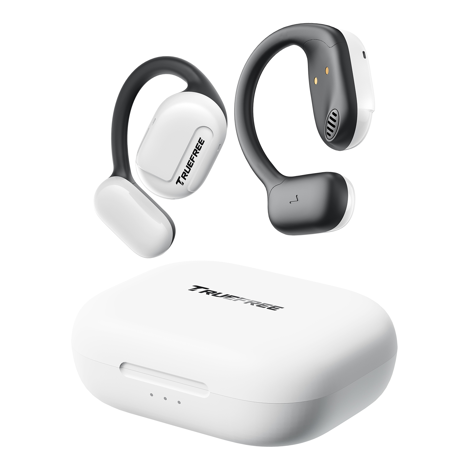 Audífonos Truefree O1 de oído abierto, Bluetooth 5.3 con ganchos para la oreja, conducción de aire sobre la oreja para deportes, 4 micrófonos para llamadas claras, 45 horas de reproducción, bajos mejorados de 16.2 mm, control de aplicaciones - Blanco