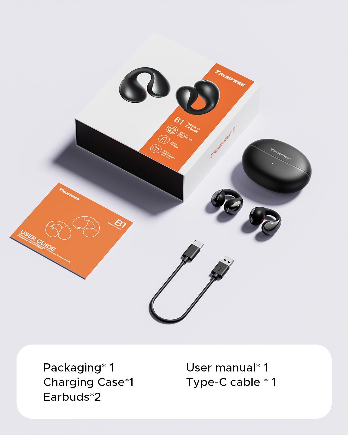 Truefree B1 Auriculares Inalámbricos con Clip, Bluetooth 5.4, Sonido Espacial, Driver de 10.8mm, 25H de Reproducción, Llamadas Claras, Conexión Multipunto, Personalización en la App