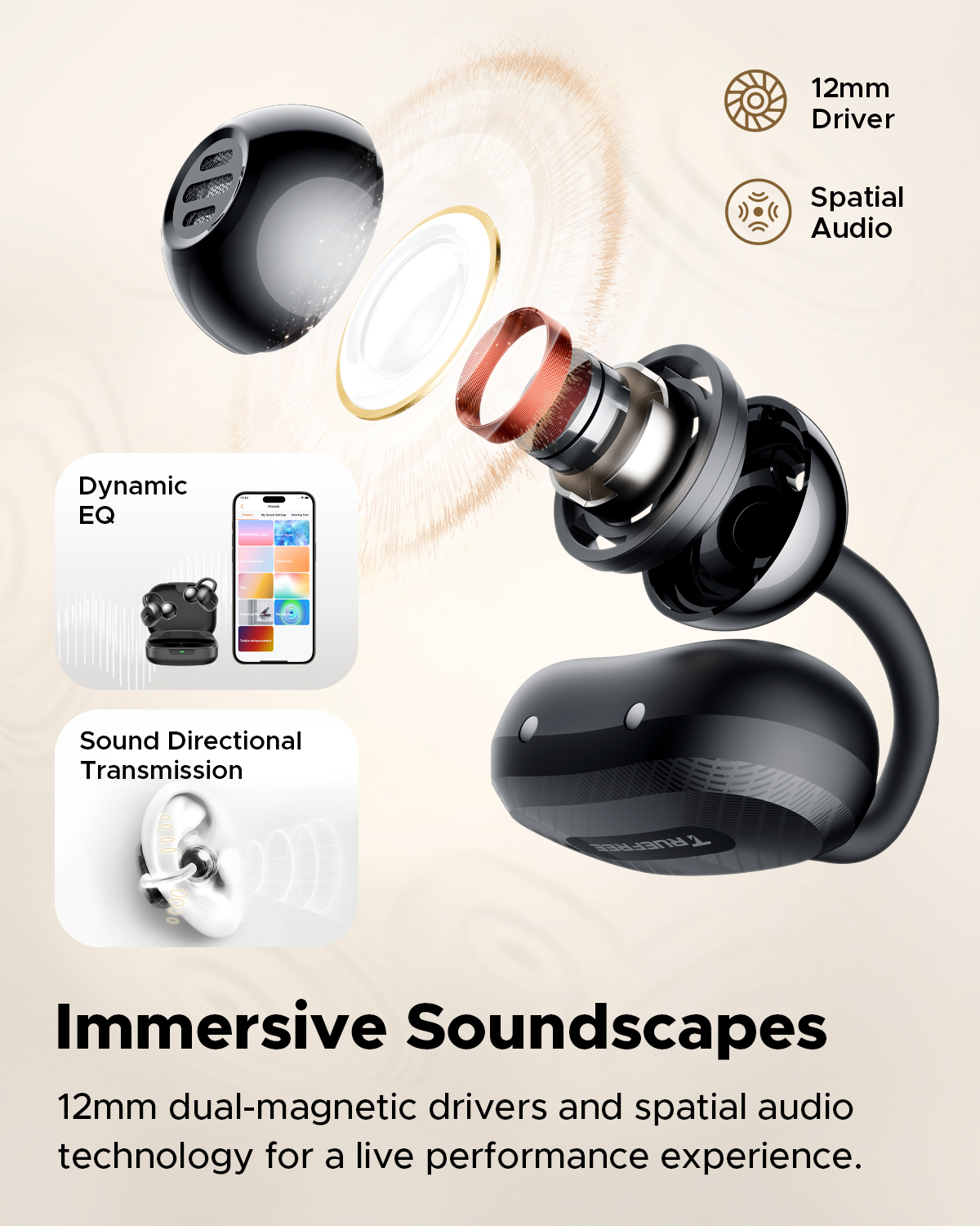 Truefree C10 Auriculares Inalámbricos con Clip, Bluetooth 5.4, Driver de 12mm, Sonido Espacial, 28H de Reproducción, IPX5, Llamadas con AI-ENC, Conexión Dual, Personalización en la App