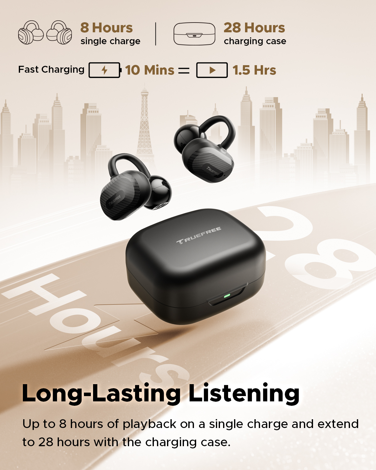 Truefree C10 Auriculares Inalámbricos con Clip, Bluetooth 5.4, Driver de 12mm, Sonido Espacial, 28H de Reproducción, IPX5, Llamadas con AI-ENC, Conexión Dual, Personalización en la App