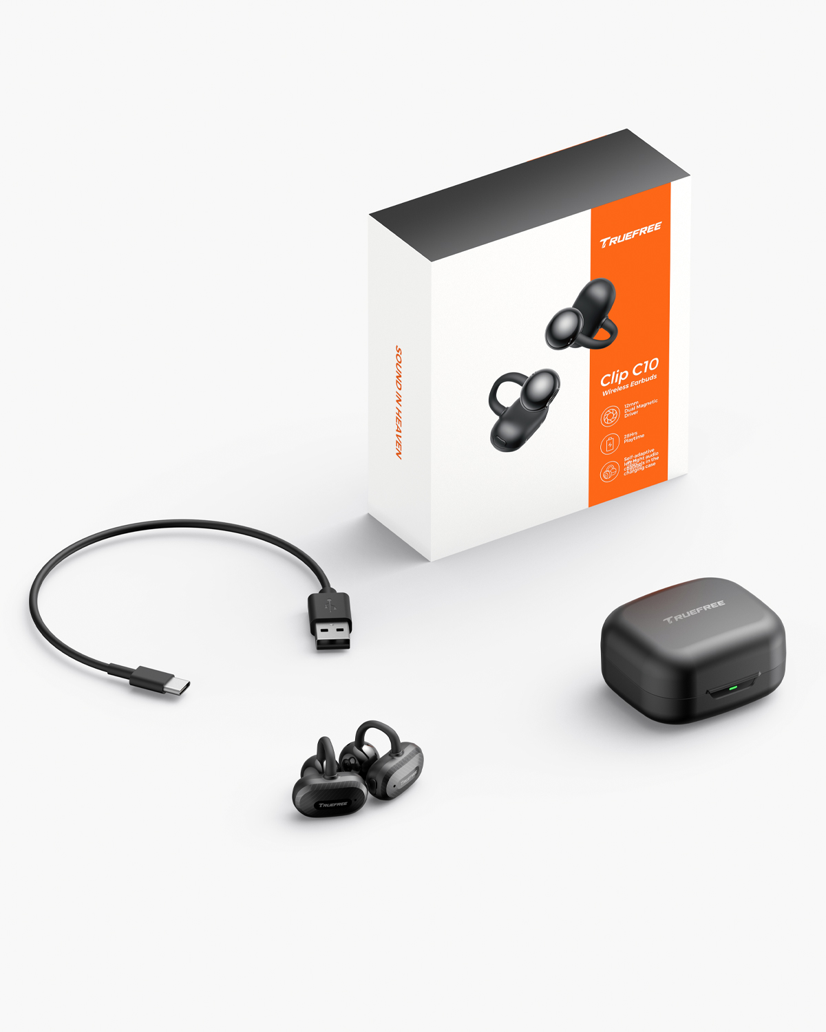 Truefree C10 Auriculares Inalámbricos con Clip, Bluetooth 5.4, Driver de 12mm, Sonido Espacial, 28H de Reproducción, IPX5, Llamadas con AI-ENC, Conexión Dual, Personalización en la App