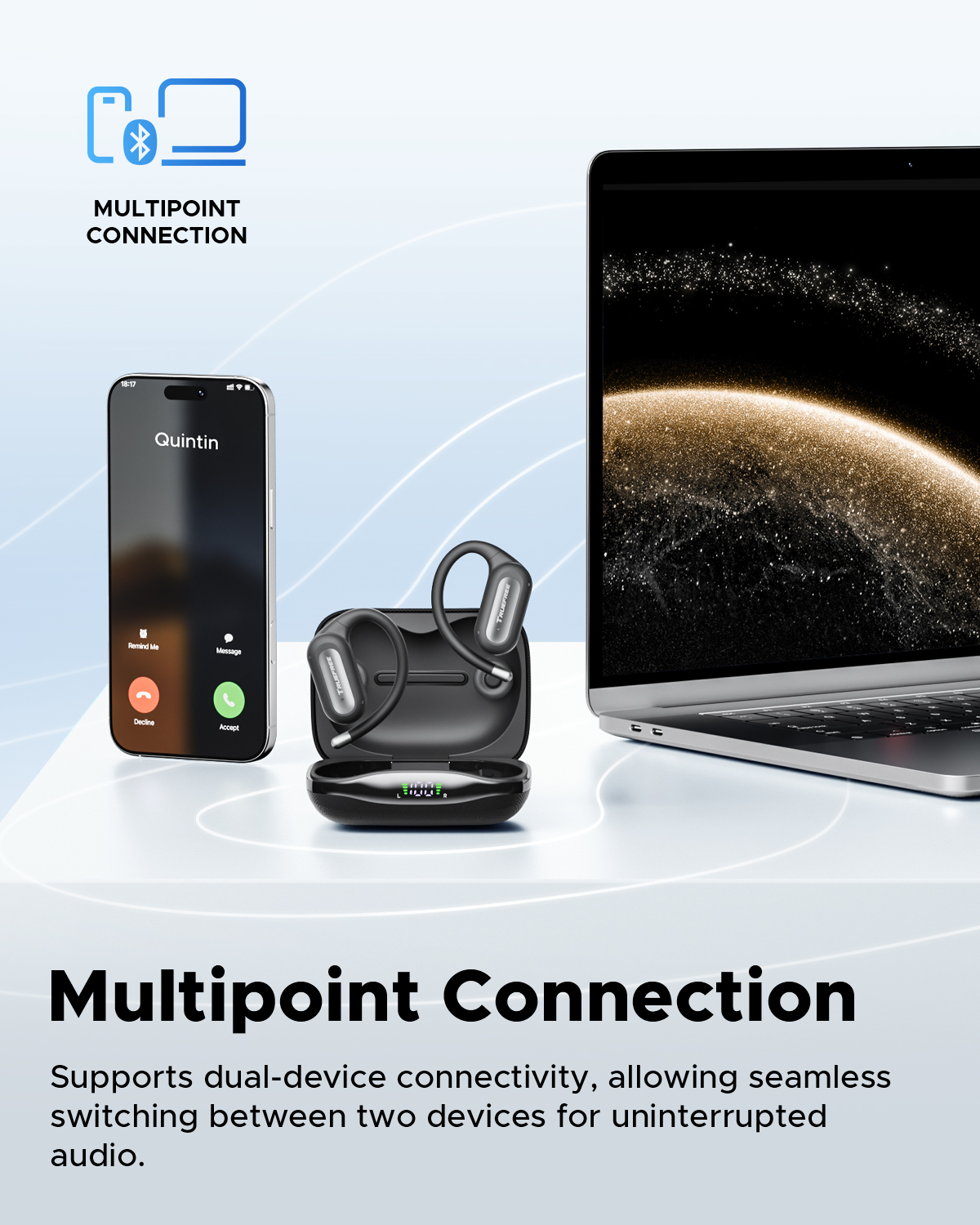 Truefree Audífonos Inalámbricos Bluetooth 6.0 Open-Ear, Audífonos Oído Abierto 17mm Diafragmas con ENC, Carga Rápida para 40 Horas de Reproducción, IPX5 Modo Gaming de Baja Latencia y Conexión Multip