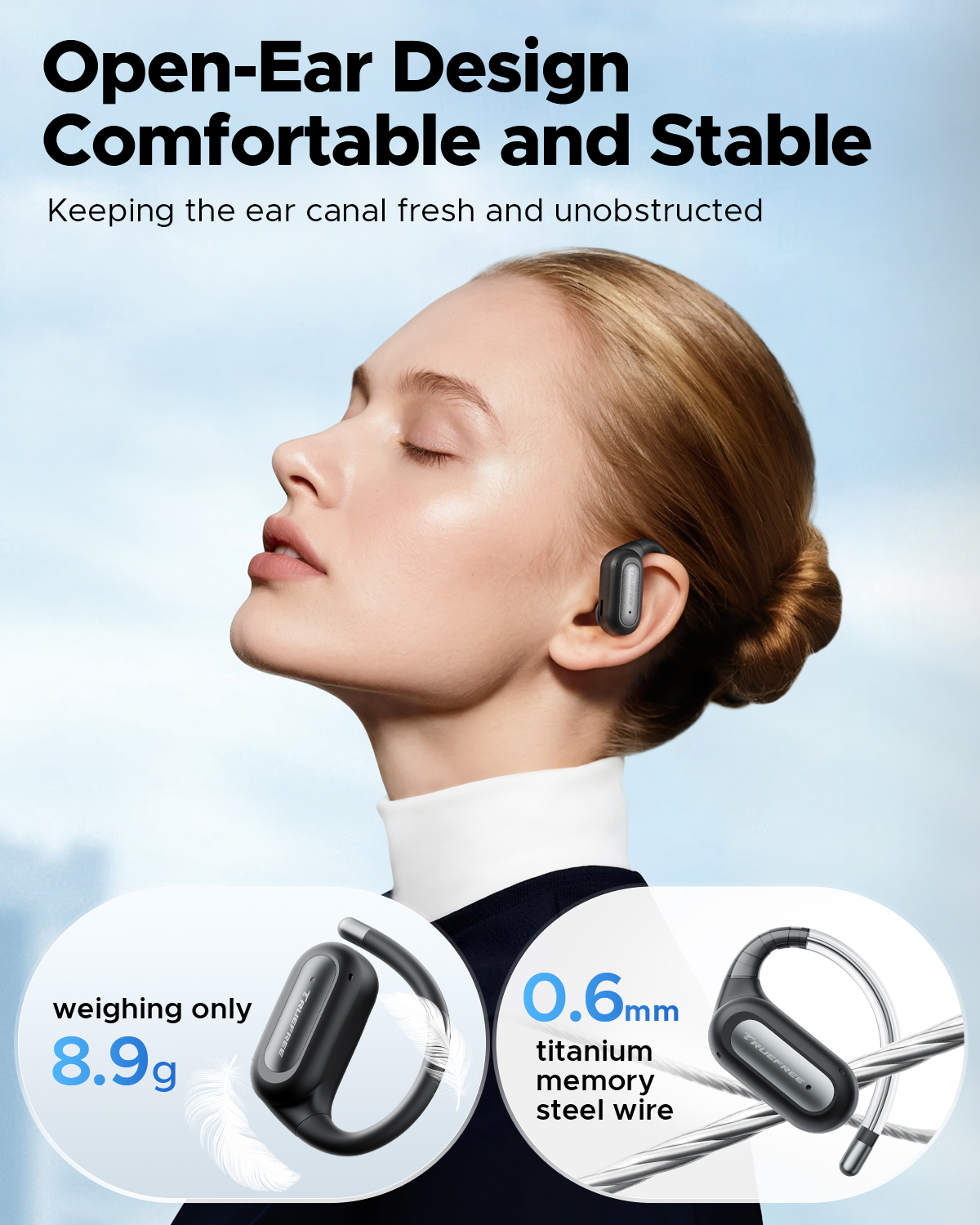 Truefree Audífonos Inalámbricos Bluetooth 6.0 Open-Ear, Audífonos Oído Abierto 17mm Diafragmas con ENC, Carga Rápida para 40 Horas de Reproducción, IPX5 Modo Gaming de Baja Latencia y Conexión Multip