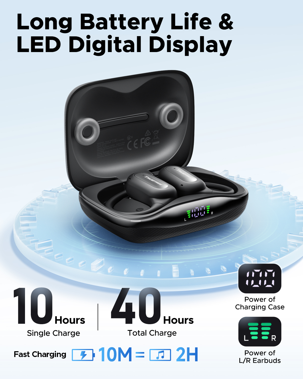 Truefree Audífonos Inalámbricos Bluetooth 6.0 Open-Ear, Audífonos Oído Abierto 17mm Diafragmas con ENC, Carga Rápida para 40 Horas de Reproducción, IPX5 Modo Gaming de Baja Latencia y Conexión Multip