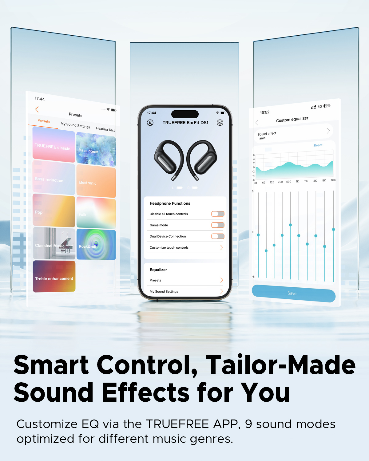 Truefree Audífonos Inalámbricos Bluetooth 6.0 Open-Ear, Audífonos Oído Abierto 17mm Diafragmas con ENC, Carga Rápida para 40 Horas de Reproducción, IPX5 Modo Gaming de Baja Latencia y Conexión Multip